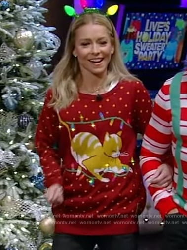 Kelly's cat print light up Christmas sweater on Live with Kelly and Mark