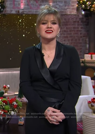 Kelly's black tuxedo wrap dress on The Kelly Clarkson Show