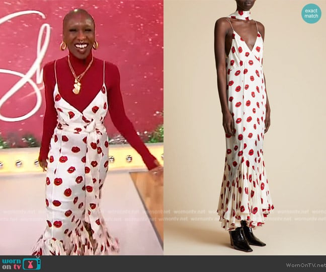 Khaite Candita scarf-detailed gathered printed twill maxi dress worn by Cynthia Erivo on Sherri