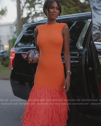 Kiki's orange feather trim dress on The Real Housewives of Miami