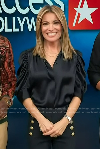 Kit’s black satin ruched sleeve top on Access Hollywood