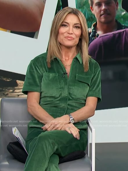 Kit's green corduroy utility jumpsuit on Access Hollywood