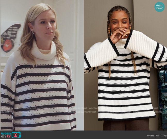 La Ligne Cream and Black Stripe Turtleneck Sweater worn by Nicky Hilton Rothschild on Paris in Love