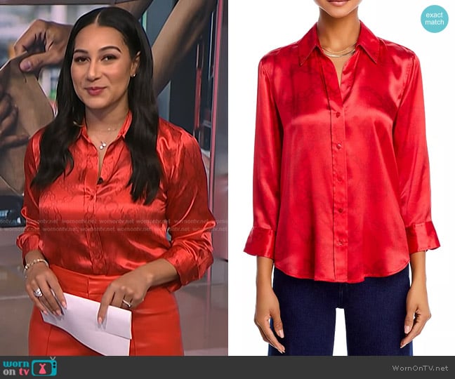 L'Agence Dani Silk Charmeuse Blouse in Red Allover Chain worn by Morgan Radford on NBC News Daily