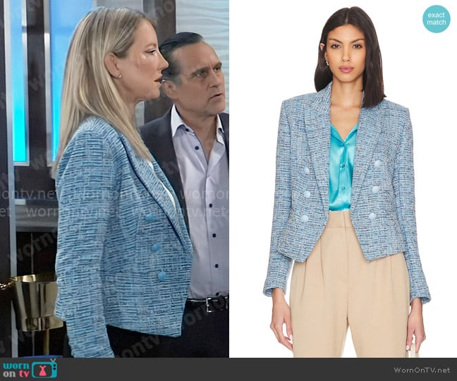 L'Agence Brooke Double Breasted Crop Blazer in Blue Multi Tweed worn by Nina Reeves (Cynthia Watros) on General Hospital