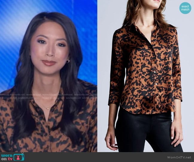 L'Agence Dani Blouse in Brown / Black Tortoise Shell worn by Jaclyn Lee on Good Morning America