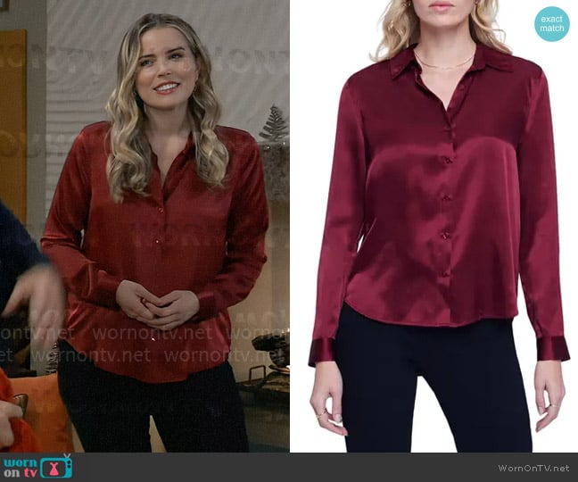 L'Agence Tyler Blouse in Dark Bordeaux worn by Sasha Gilmore (Sofia Mattsson) on General Hospital