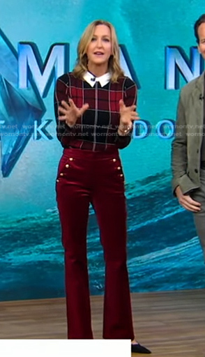 Lara's red plaid collared sweater and velvet pants on Good Morning America