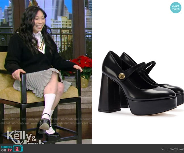 Emma Pump In Black Leather by Larroude worn by Awkwafina on Live with Kelly and Mark