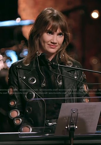 Lila Forde's black grommet moto jacket on The Voice