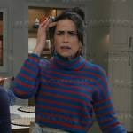 Lois’s frayed denim midi skirt and red and blue striped sweater on General Hospital