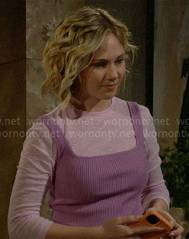 Lucy's purple rib knit tank and purple striped tee on The Young and the Restless