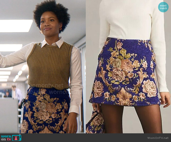 Maeve at Anthropologie Print Brocade Mini Skirt worn by Nella Rogers (Sinclair Daniel) on The Other Black Girl