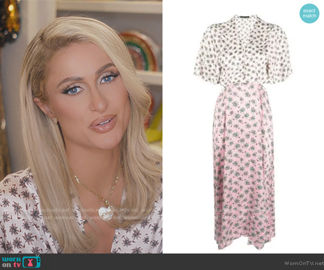 Maje Palm-tree print midi dress worn by Paris Hilton on Paris in Love