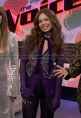 Mara Justine's purple embellished bow top on The Voice