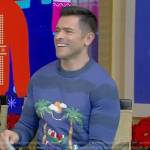 Mark’s blue Santa palm tree print ugly Christmas sweater on Live with Kelly and Mark