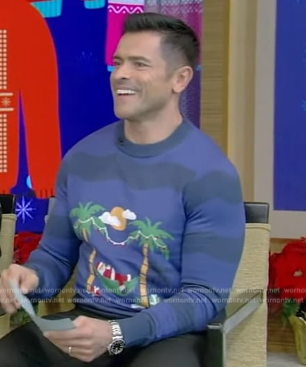 Mark's blue Santa palm tree print ugly Christmas sweater on Live with Kelly and Mark