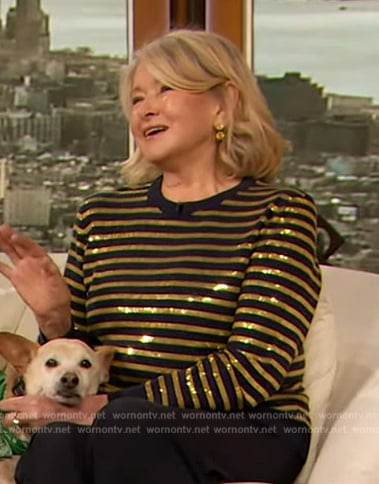 Martha Stewart’s gold sequin stripe sweater on The Drew Barrymore Show