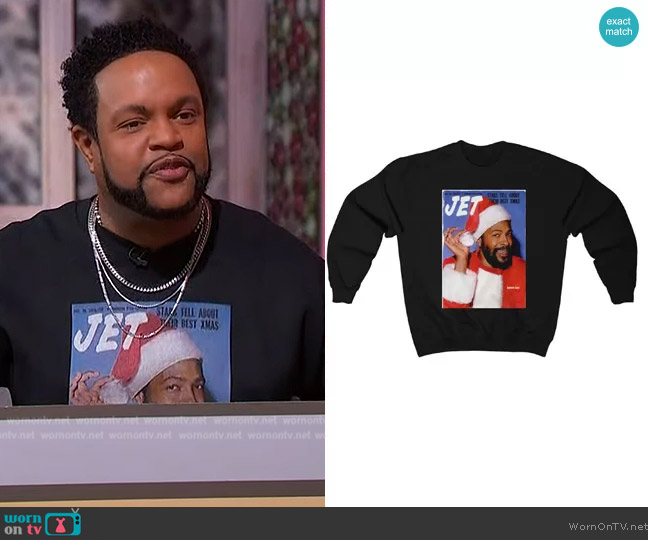 For The People Boutique at Etsy Marvin Gaye Black Santa Claus Sweatshirt worn by Jawn Murray on Sherri