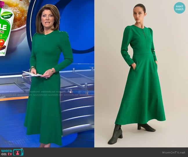 Me + Em Travel Tailoring Fit and Flare Maxi Dress in Ultra Green worn by Norah O'Donnell on CBS Evening News