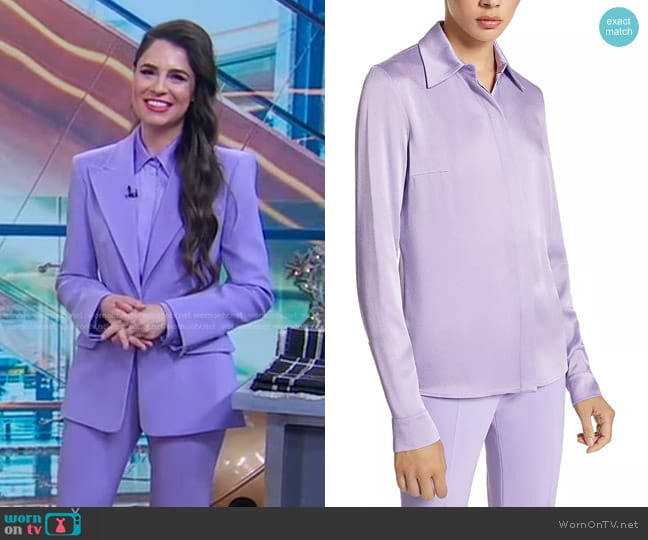 Michael Kors Hansen Charmeuse Shirt in Freesia worn by Erica Wark on Good Morning America