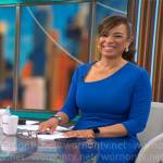 Michelle Miller’s blue asymmetric neckline dress on CBS Mornings