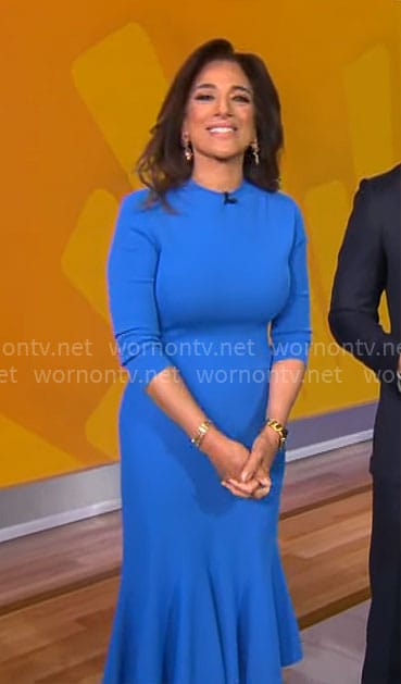 Michelle Miller’s blue flared hem dress on CBS Mornings