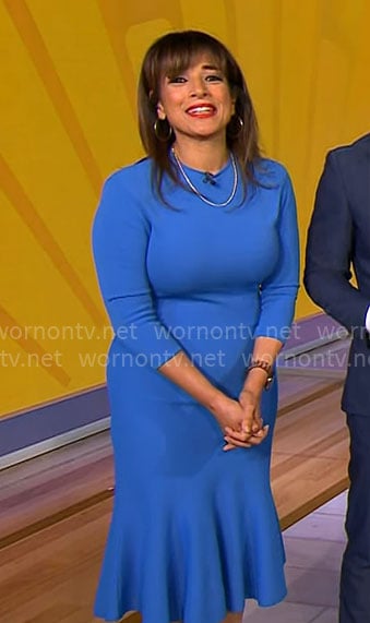 Michelle Miller’s blue flared hem dress on CBS Mornings