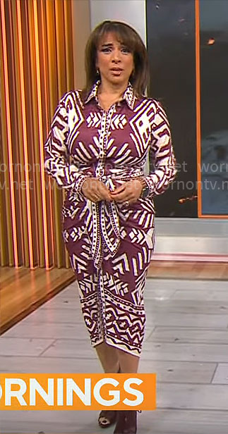 Michelle Miller’s purple and white printed shirtdress on CBS Mornings