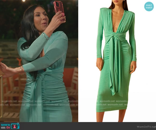 Misha Francis Deep V-Neck Dress w  Drape worn by Monica Garcia on The Real Housewives of Salt Lake City