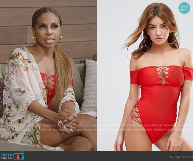 Missguided Red Lace-up Swimsuit worn by Candiace Dillard Bassett on The Real Housewives of Potomac