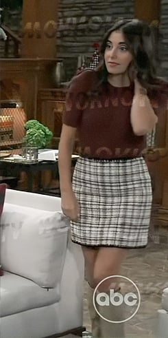 Molly's brown short sleeve sweater and plaid tweed skirt on General Hospital