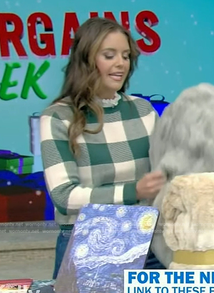 Monica Mangin’s green check sweatshirt on Live with Kelly and Mark