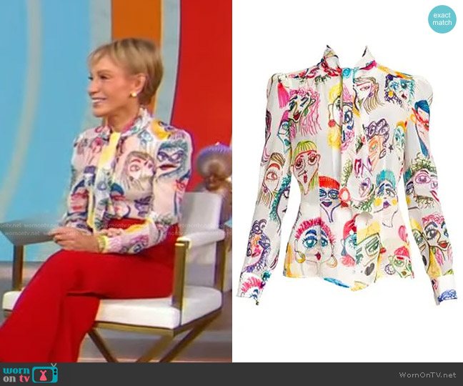 Moschino Faces Print Silk Shirt In Multicolor in White worn by Barbara Corcoran on Good Morning America