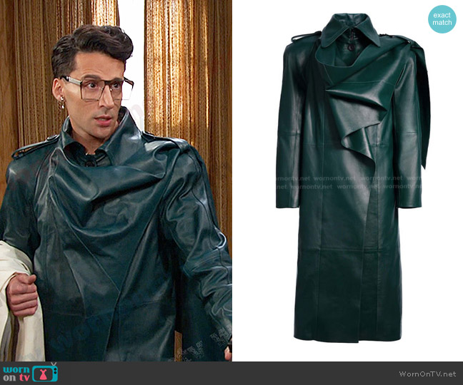 Mugler x H&M Leather Trench Coat with Scarf in Dark Green worn by Darius Rose Cooper (Jackie Cox) on Days of our Lives