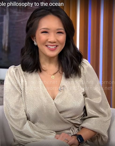 Nancy Chen's champagne wrap dress on CBS Mornings