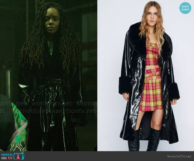 Nasty Gal Faux Fur Collar Vinyl Trench worn by Hazel-May McCall (Ashleigh Murray) on The Other Black Girl