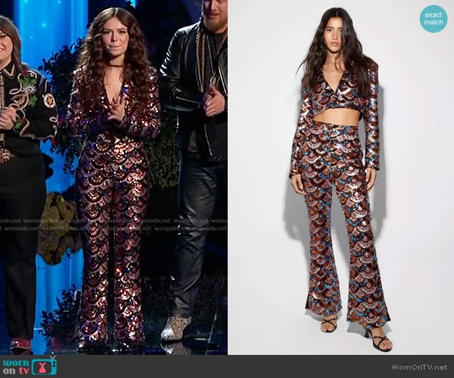 Nasty Gal Premium Boho Sequin Cropped Tailored Blazer and Pants worn by Mara Justine on The Voice