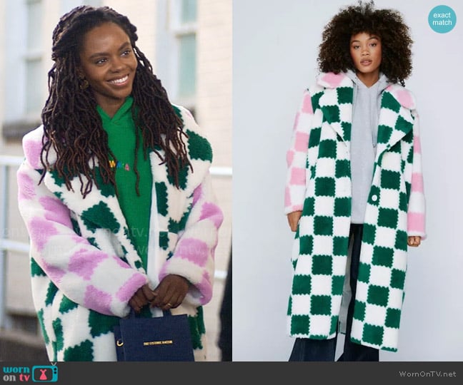 Nasty Gal Motocross Checkerboard Borg Fur Coat worn by Hazel-May McCall (Ashleigh Murray) on The Other Black Girl