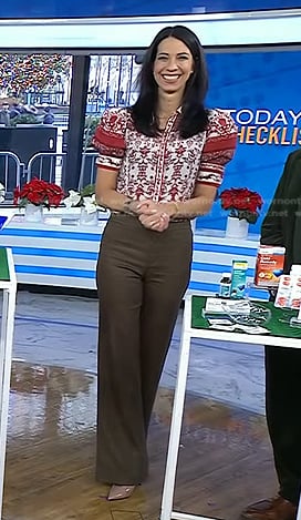 Natalie's print puff sleeve top and brown plaid pants on Today