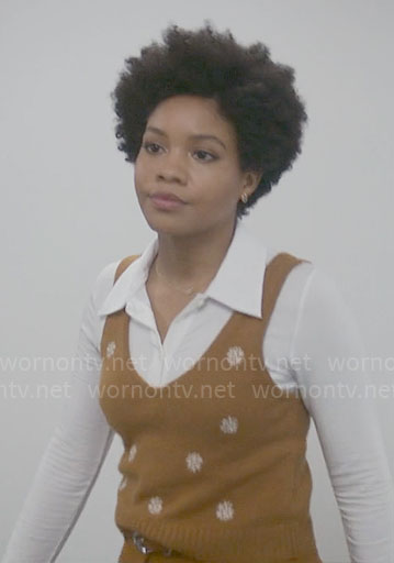 Nella's mustard flower embroidered sweater vest on The Other Black Girl