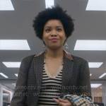 Nella’s striped polo top, leather pocket blazer and pleated shorts on The Other Black Girl