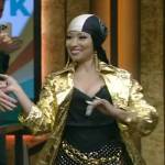 Nicki Minaj’s gold metallic coat on Live with Kelly and Mark