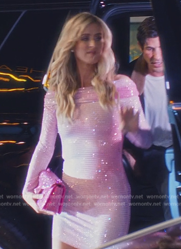 Nicky’s pink crystal embellished off shoulder mini dress on Paris in Love