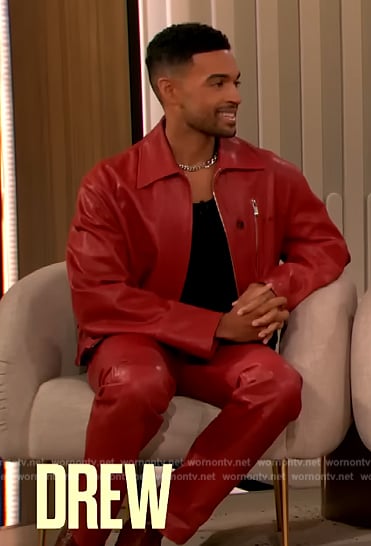 Noah Rickett’s red leather jacket on The Drew Barrymore Show