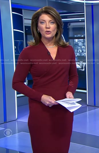 Norah’s burgundy wrap sheath dress on CBS Evening News