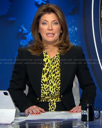 Norah's yellow leopard blouse and black chain embellished blazer on CBS Evening News