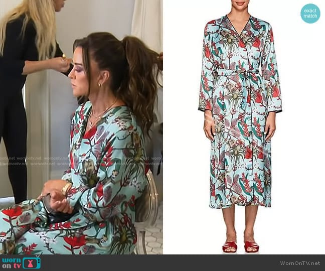 LoboRosa Monkey & Floral Satin Robe worn by Kyle Richards on The Real Housewives of Beverly Hills