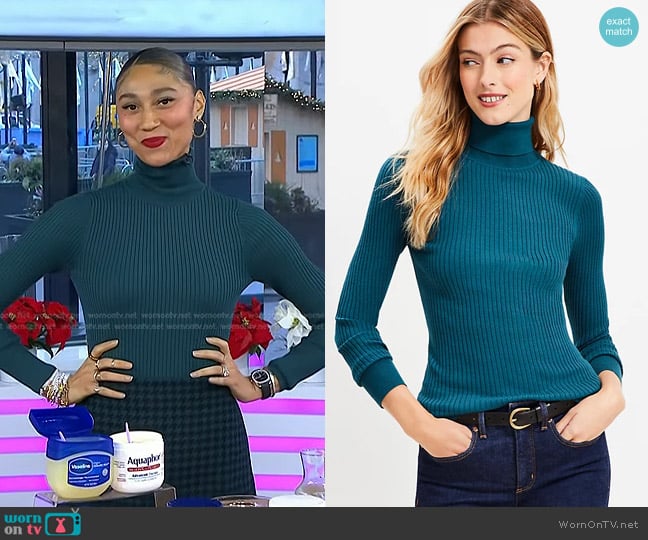 Loft Ribbed Turtleneck Sweater in Teal Shadow worn by Ally Love on Today