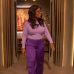 Oprah’s purple satin utility pants on The Drew Barrymore Show